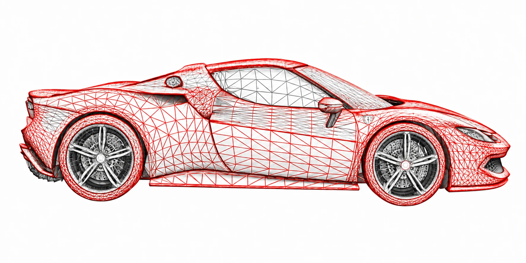 Ferrari 296 GTB in red wireframe