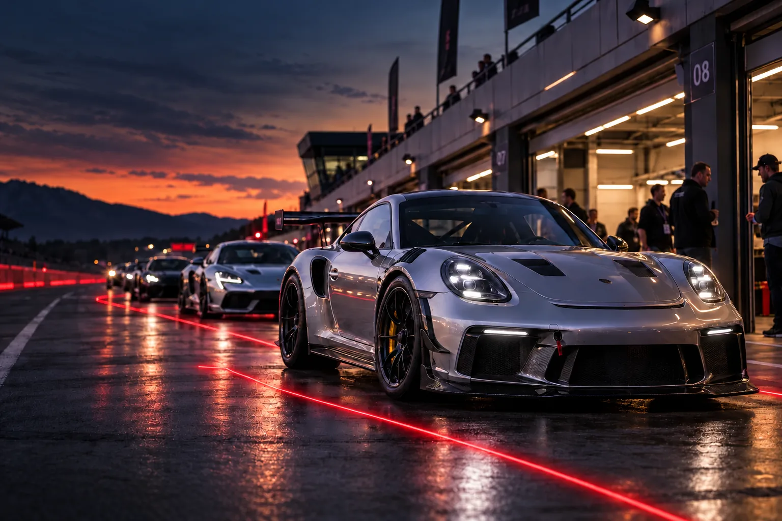 Silver sports cars gathered in a dusk pit lane with a RacingEdge red light trail.