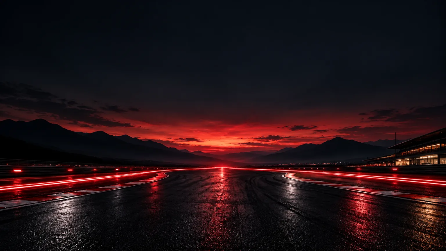 RacingEdge red light trails sweep around a dusk racetrack.