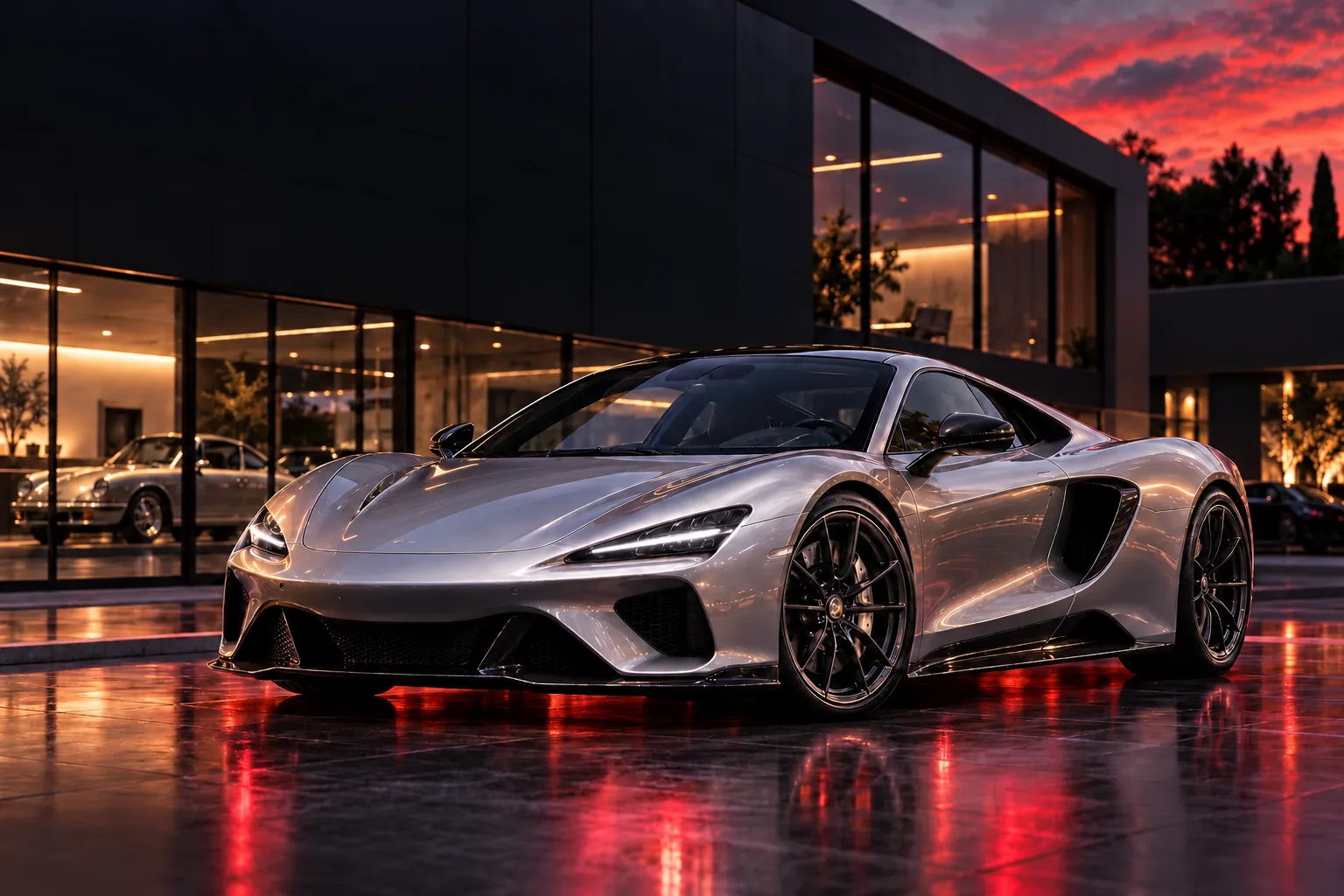 Silver supercar outside a specialist showroom at sunset, with red reflections on the forecourt.