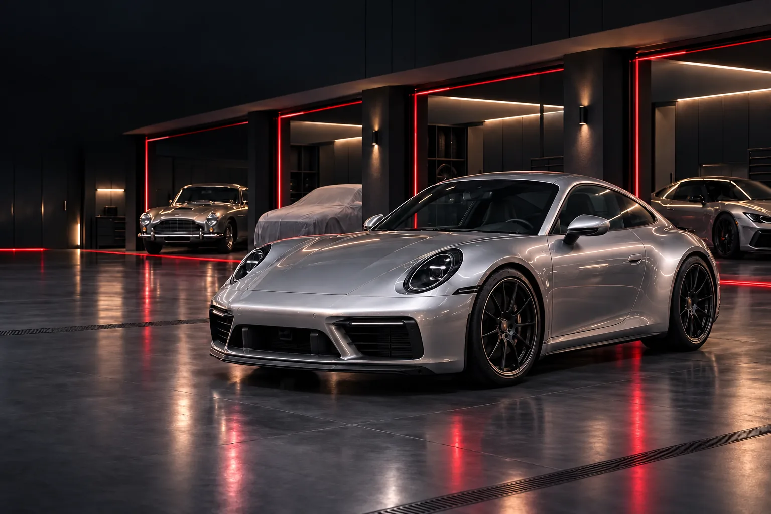 Silver Porsche in a premium car storage facility with vivid red lighting and carefully stored classic and sports cars.