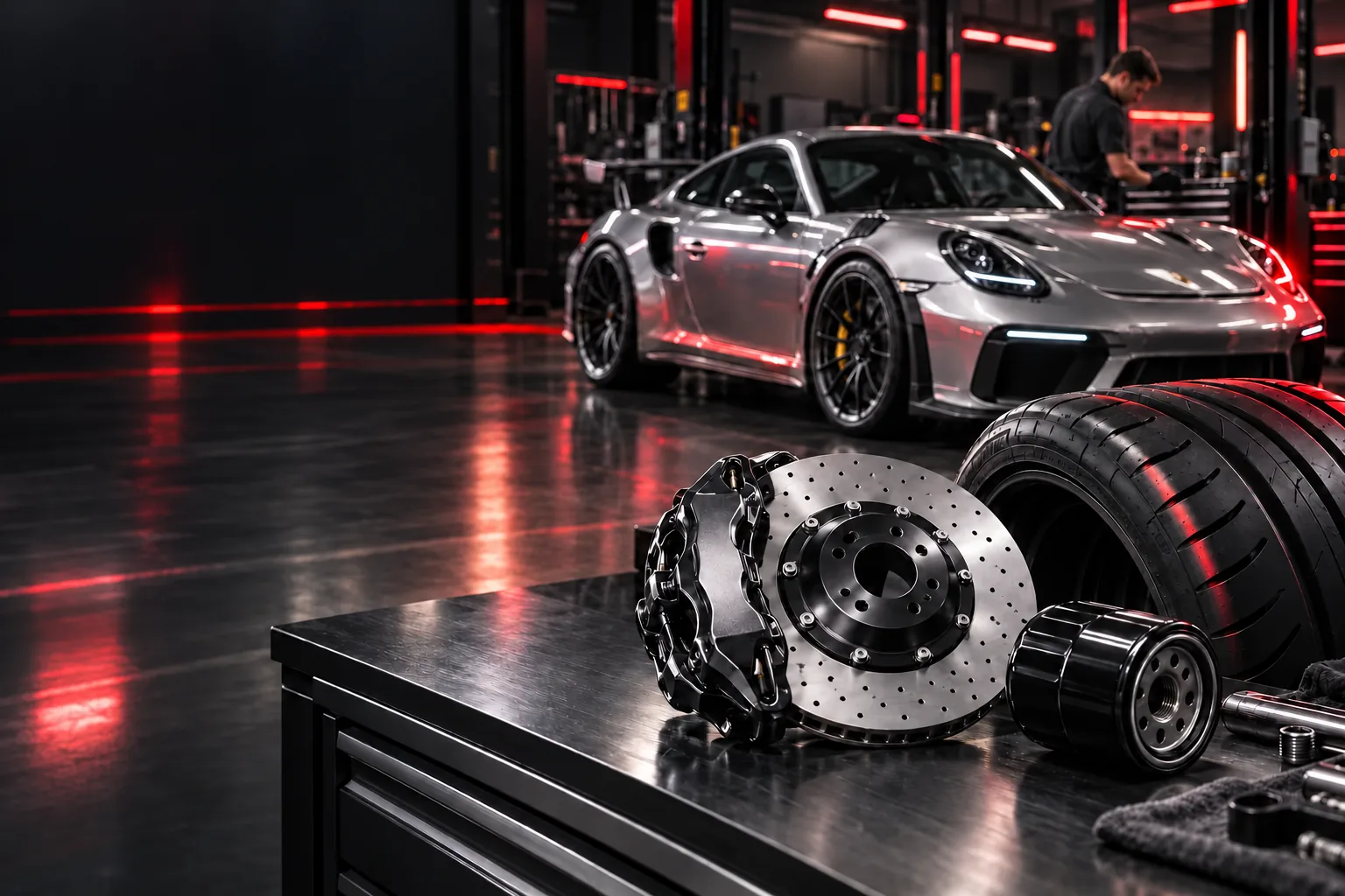 Performance workshop with a silver sports car, specialist mechanic, brake rotor, tyres and oil filter under red lighting.