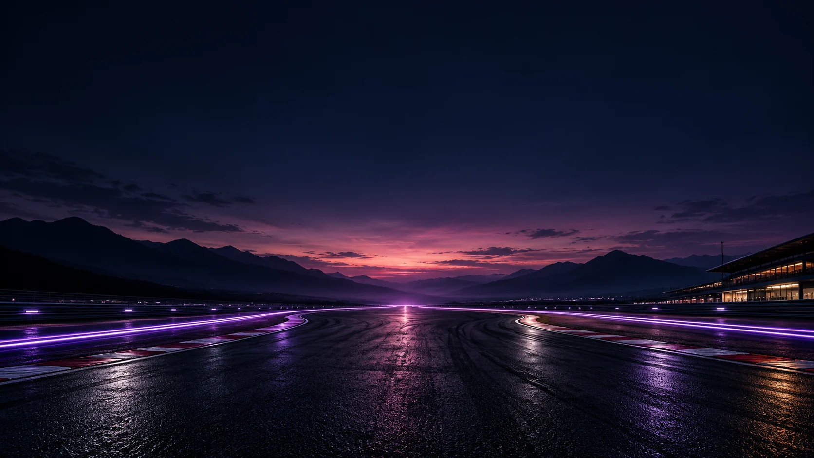 Purple light trails at a dusk racetrack reveal the official RacingEdge logo