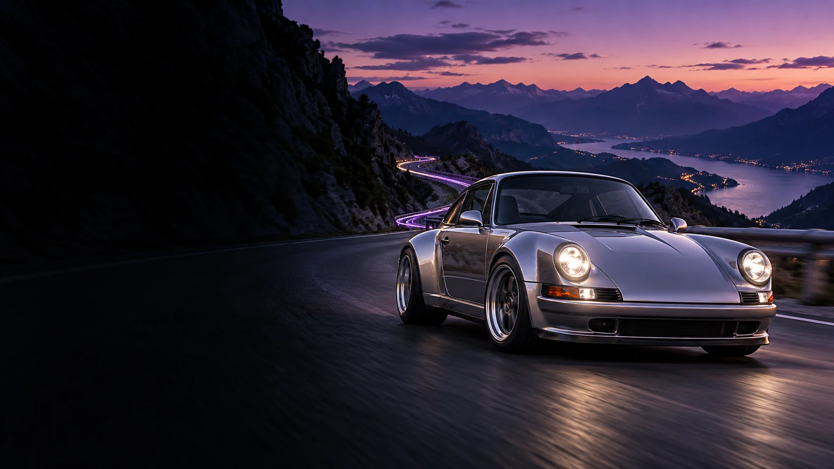 Silver classic sports car on a sweeping Alpine road at blue hour