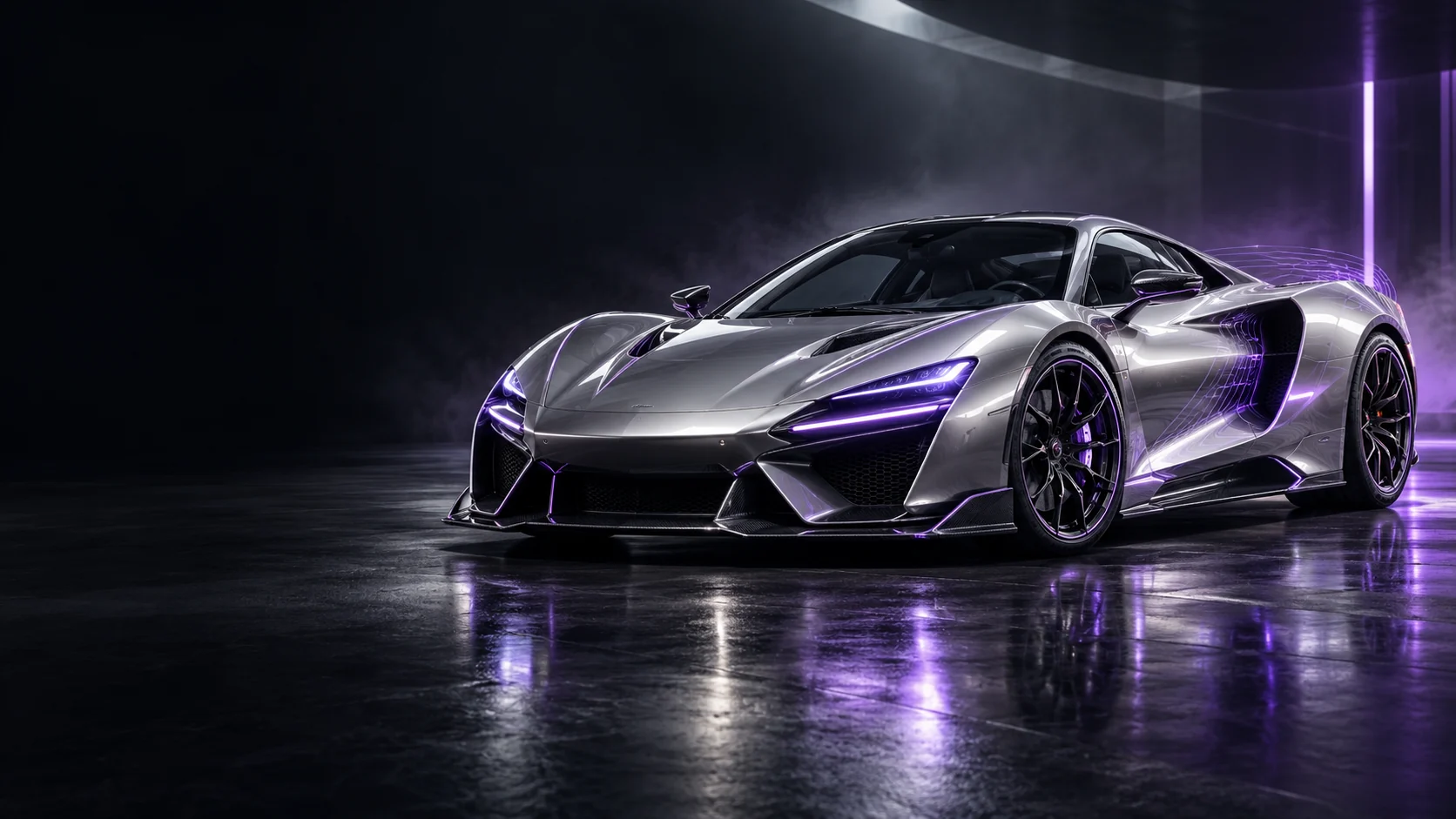 Silver supercar illuminated by fine violet scanning lines in a dark studio