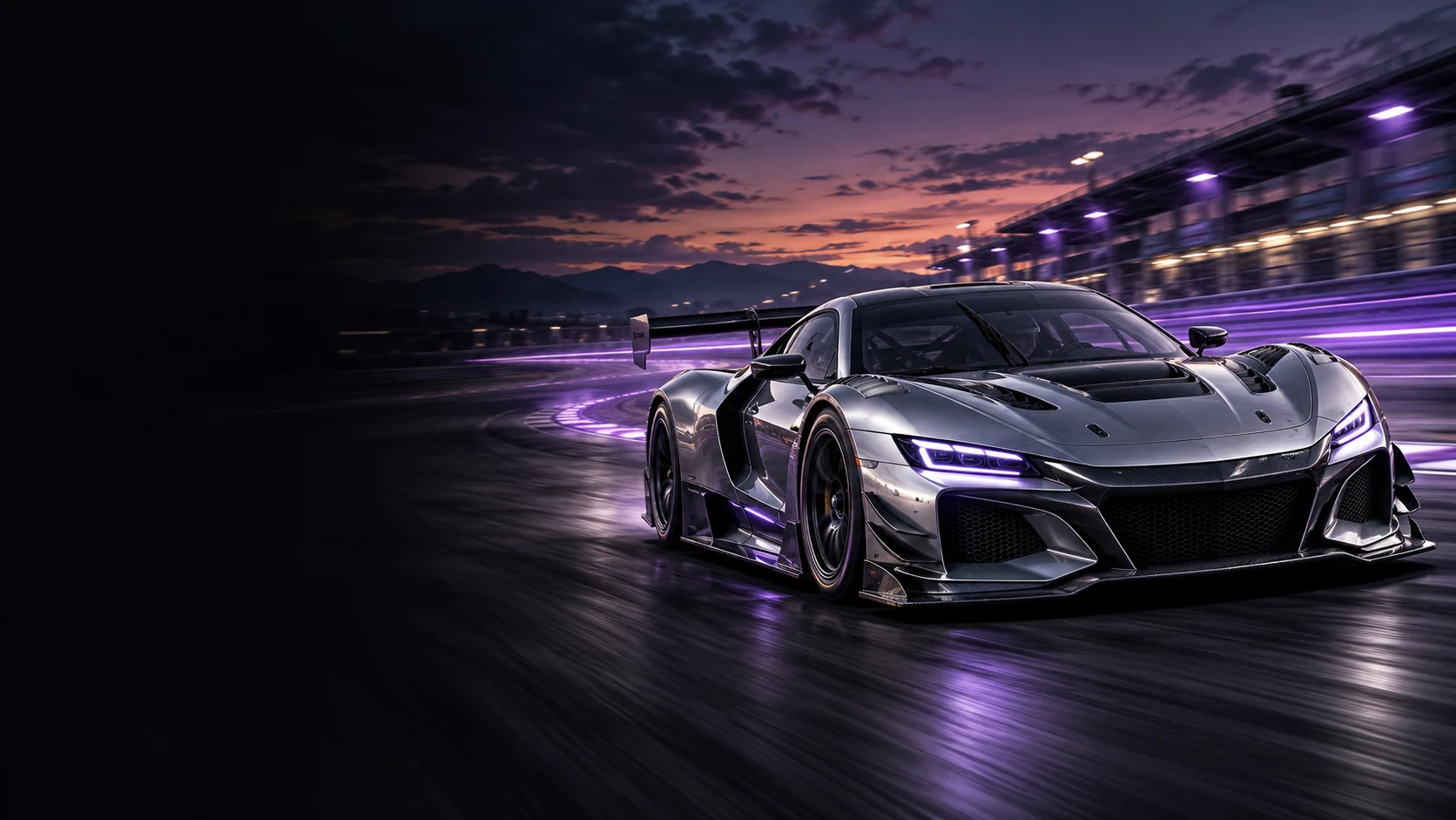 Silver GT race car with a purple digital scan, circuit map and illustrative G-force monitor